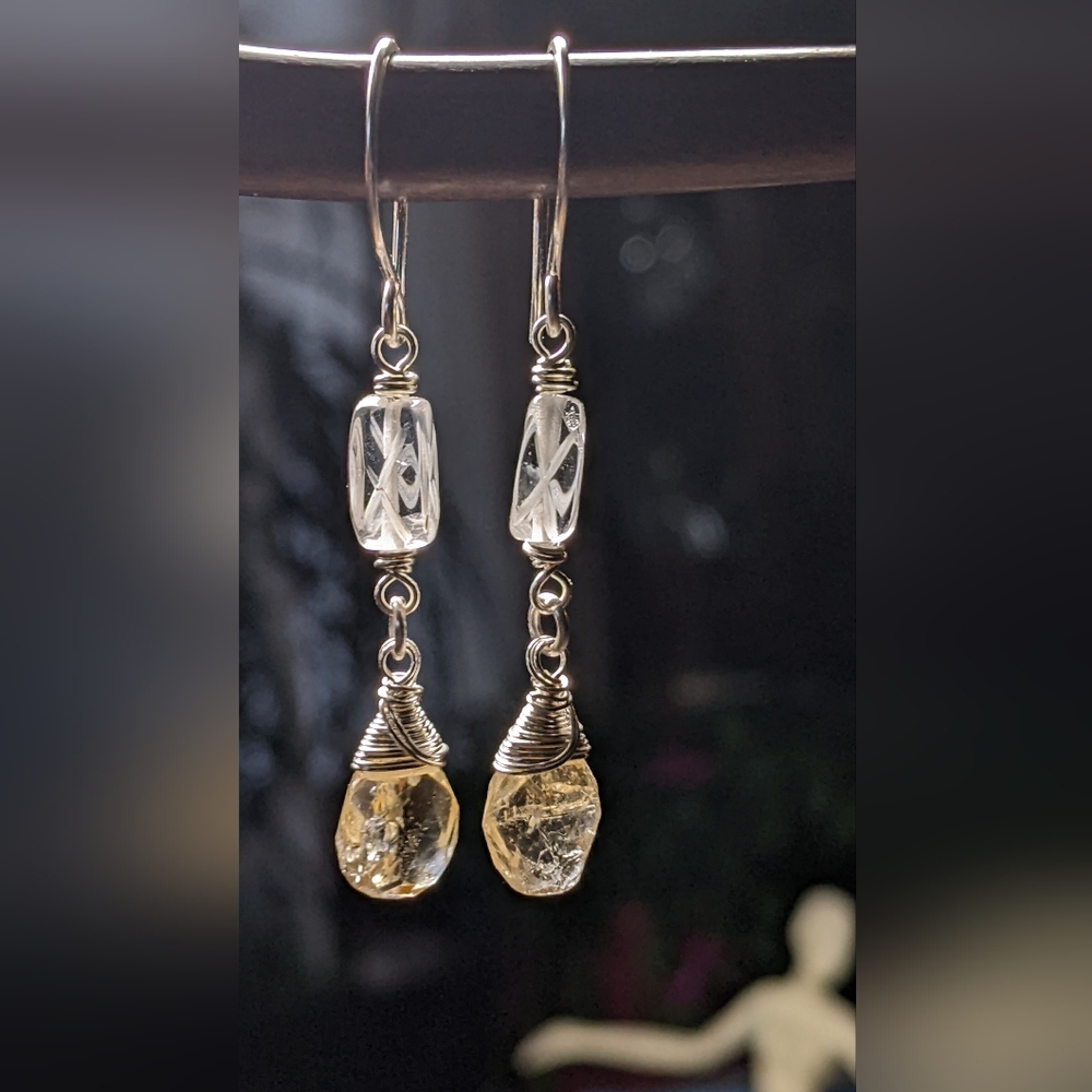 Sterling Silver Citrine Drop Earrings With Carved Clear Quartz Gems - Picture 7 of 13